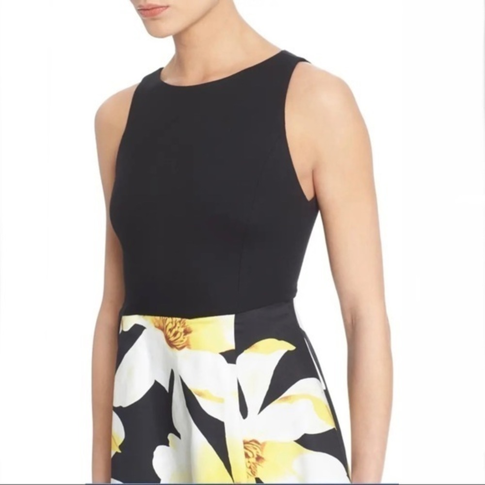 ALICE + OLIVIA KOURTNEY Sleeveless Box Pleated Combo Lined Dress Black /Floral 2 - Picture 15 of 15